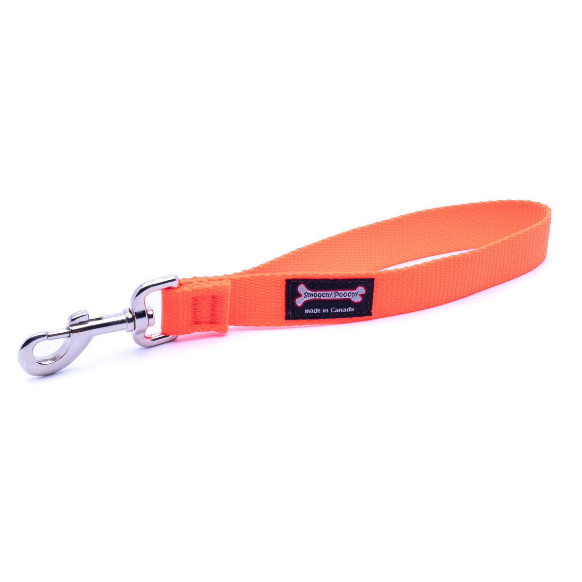 A orange nylon dog leash with a silver metal snap hook clasp