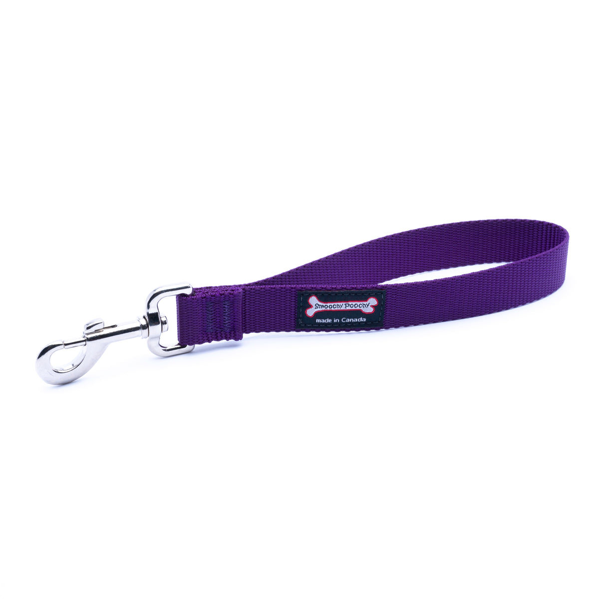 A purple nylon dog leash with a silver metal snap hook clasp