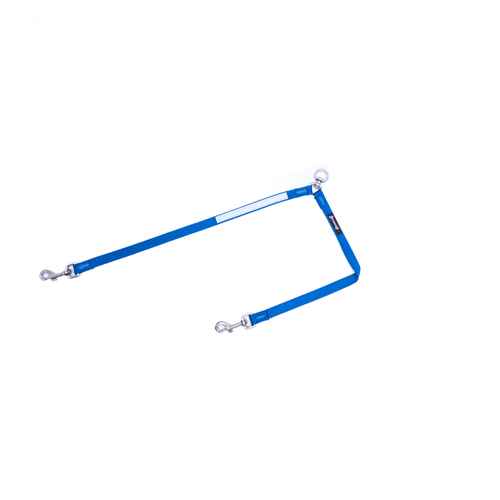 Blue two-dog leash splitter on a white background, with a reflective safety strip, two clasps for two dogs, and a single ring connector