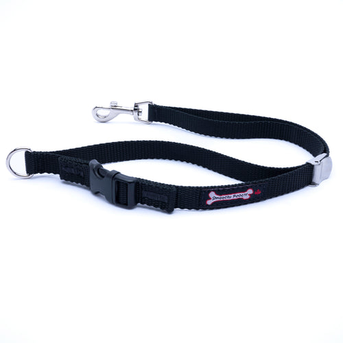 A black nylon dog leash with a silver metal swivel snap hook, quick-release plastic buckle