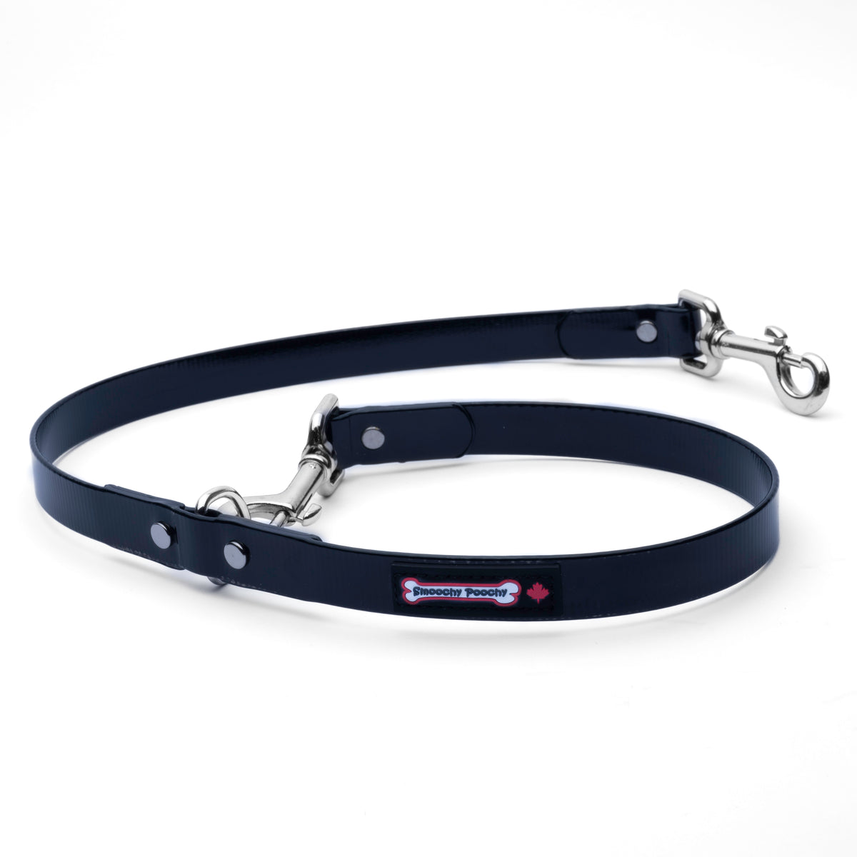 Black 3/4 inch PVC leash extension with adjustable D-ring traffic handle and metal clasp