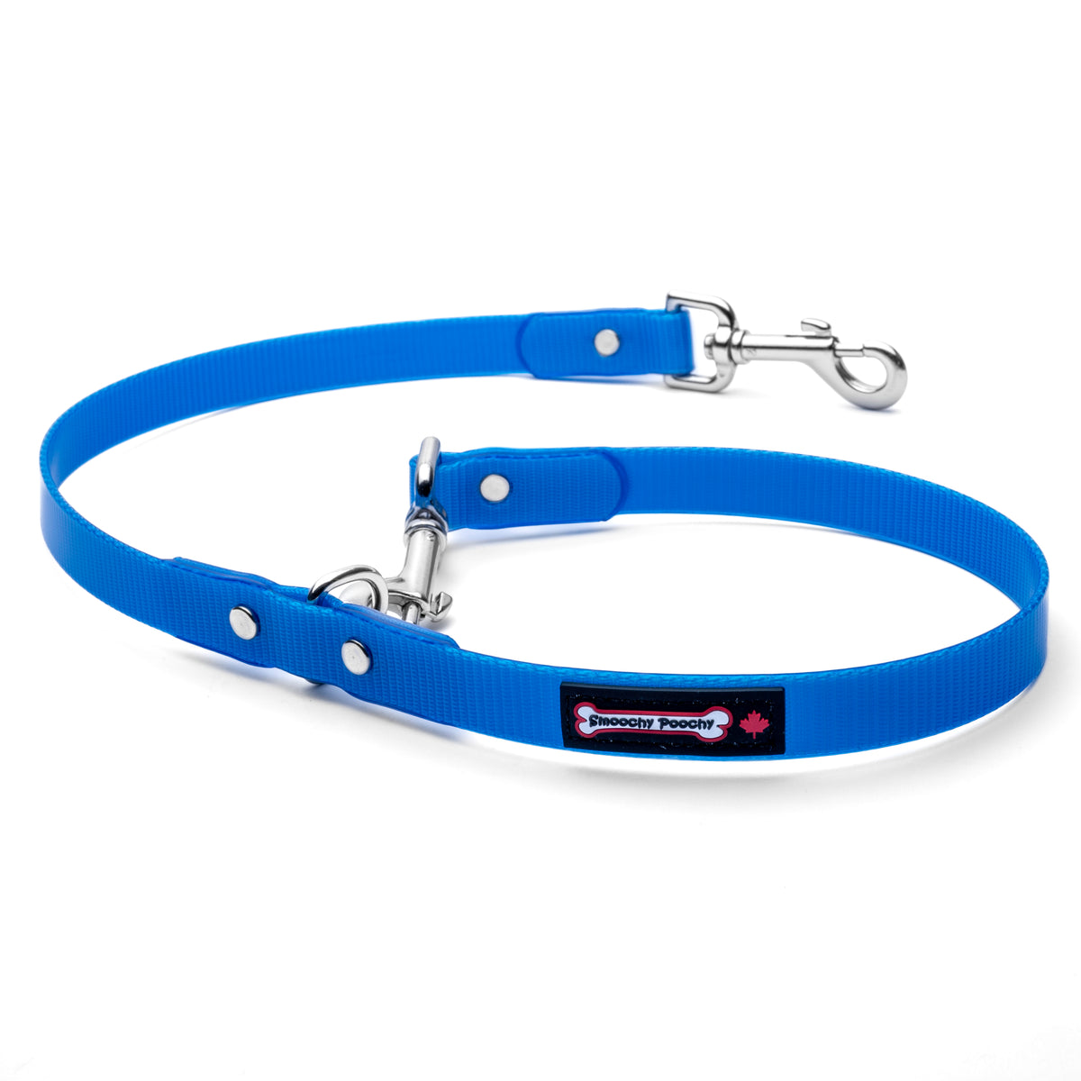 Blue 3/4 inch PVC leash extension with adjustable D-ring traffic handle and metal clasp