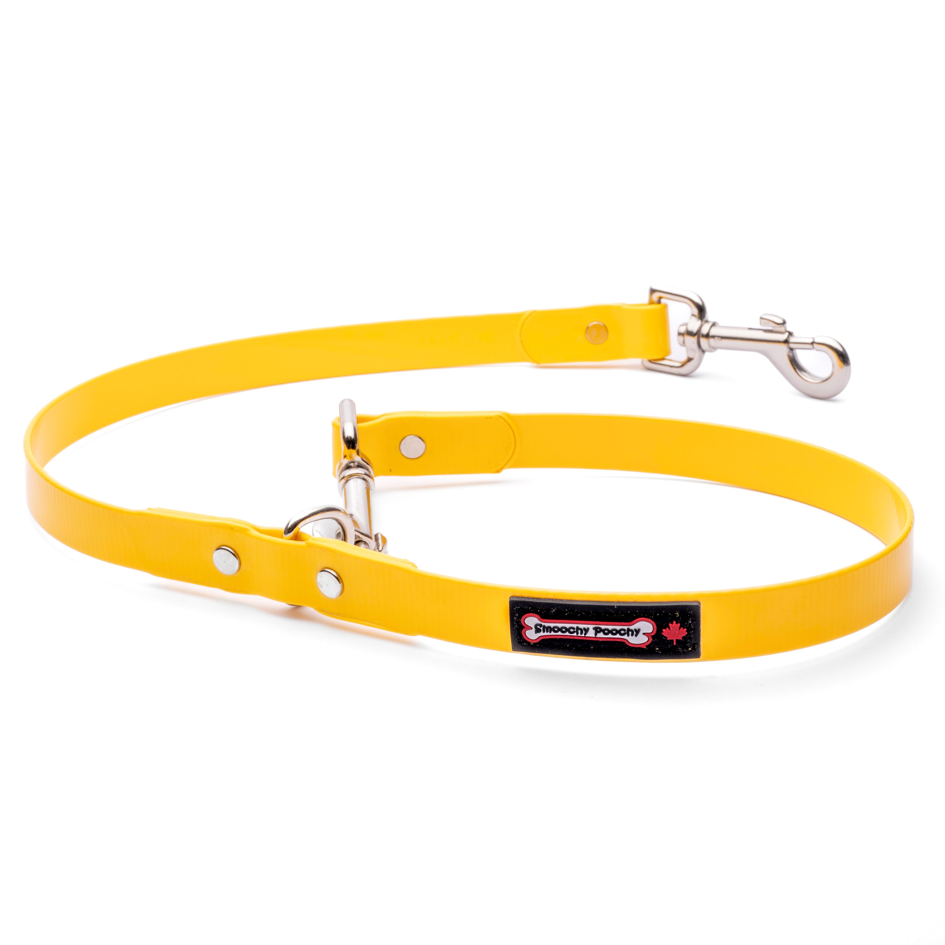 Yellow 3/4 inch PVC leash extension with adjustable D-ring traffic handle and metal clasp