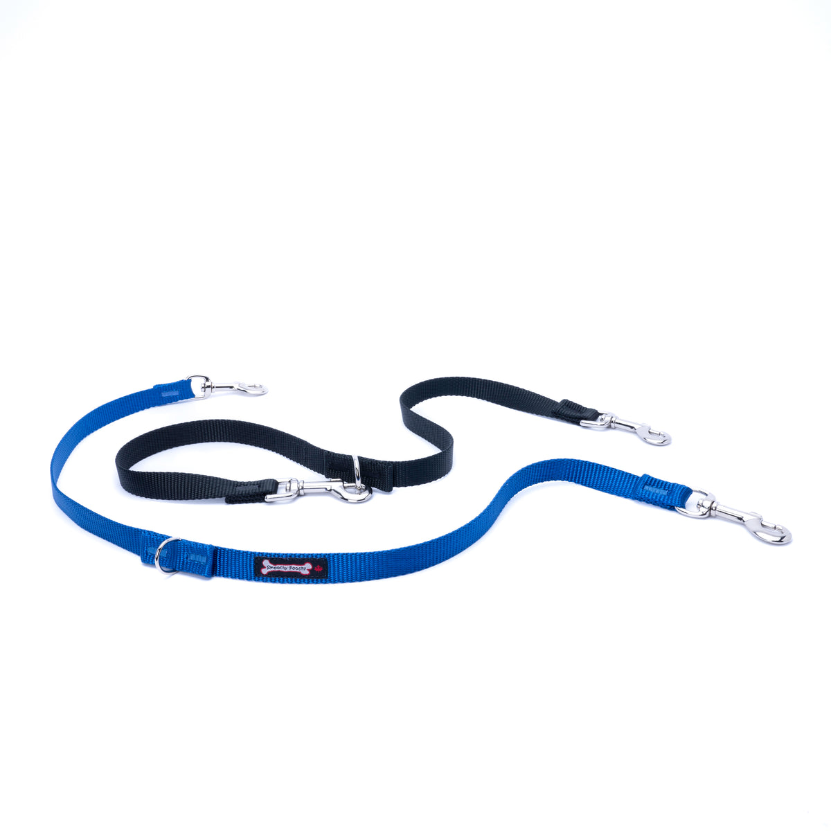 Ocean and black multi-function dog leash on a white background, with silver clasps and D-rings at each adjustable point, plus a 'Smoochy Poochy' fabric tag on the teal strap.