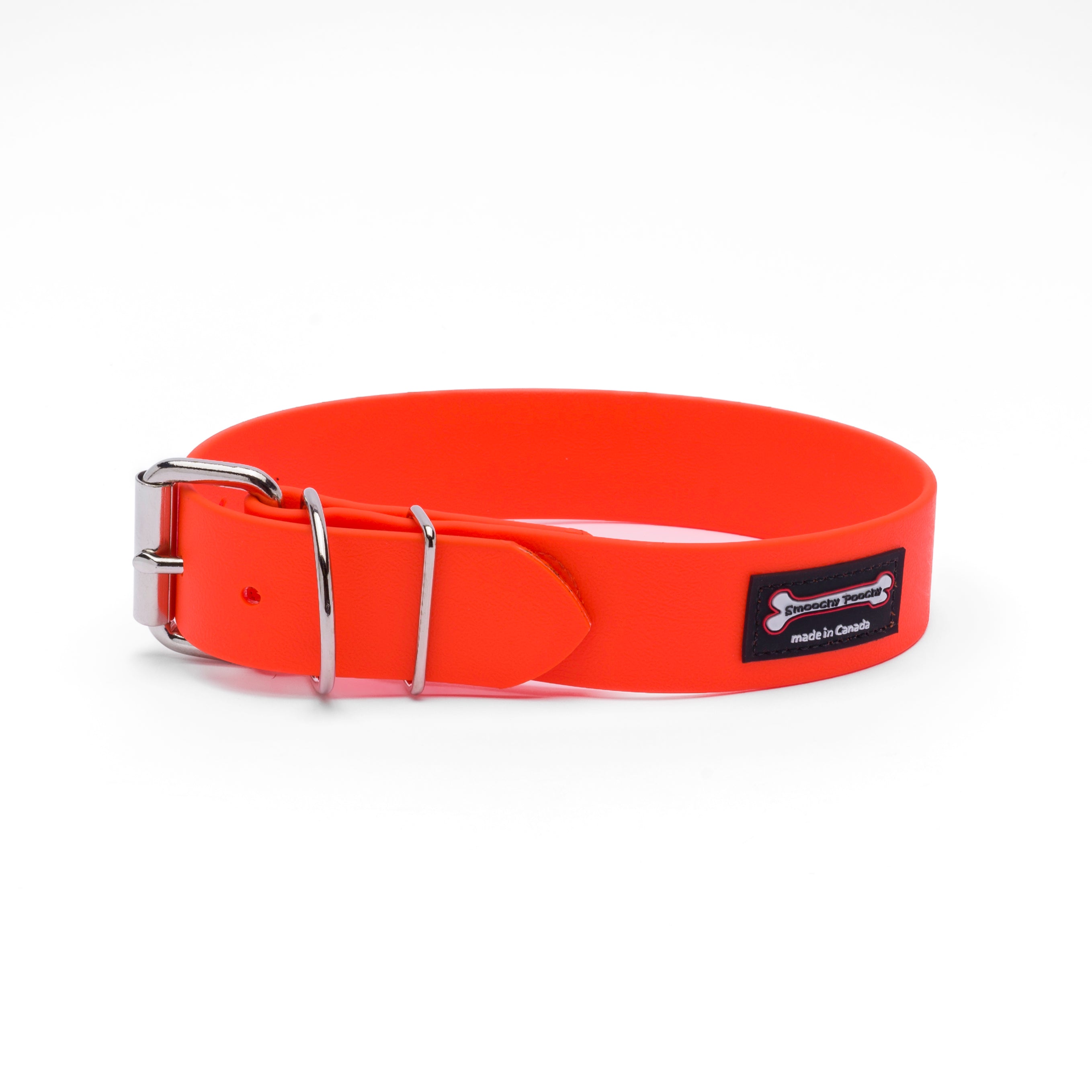 Orange Smoochy Poochy Poly Buckle Style Biothane dog collar with roller buckle, double keeper loops, and metal D-ring