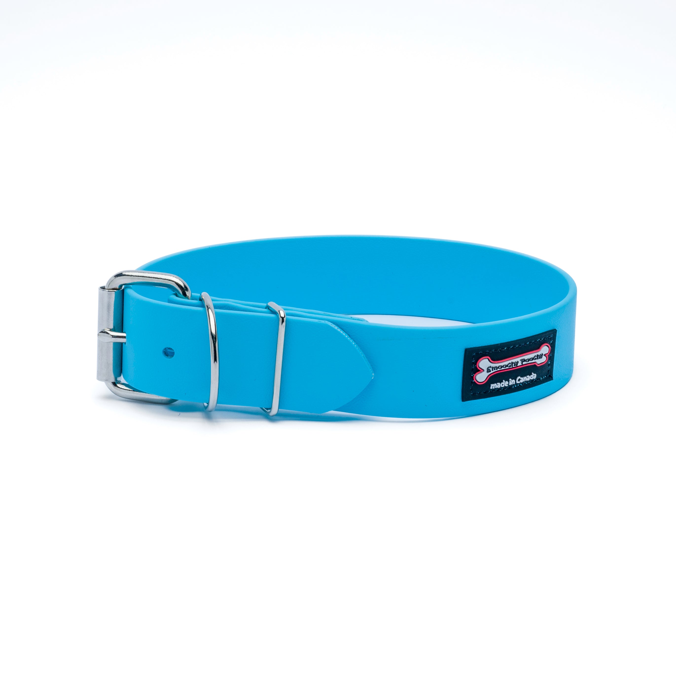 Turquoise Smoochy Poochy Poly Buckle Style Biothane dog collar with roller buckle, double keeper loops, and metal D-ring