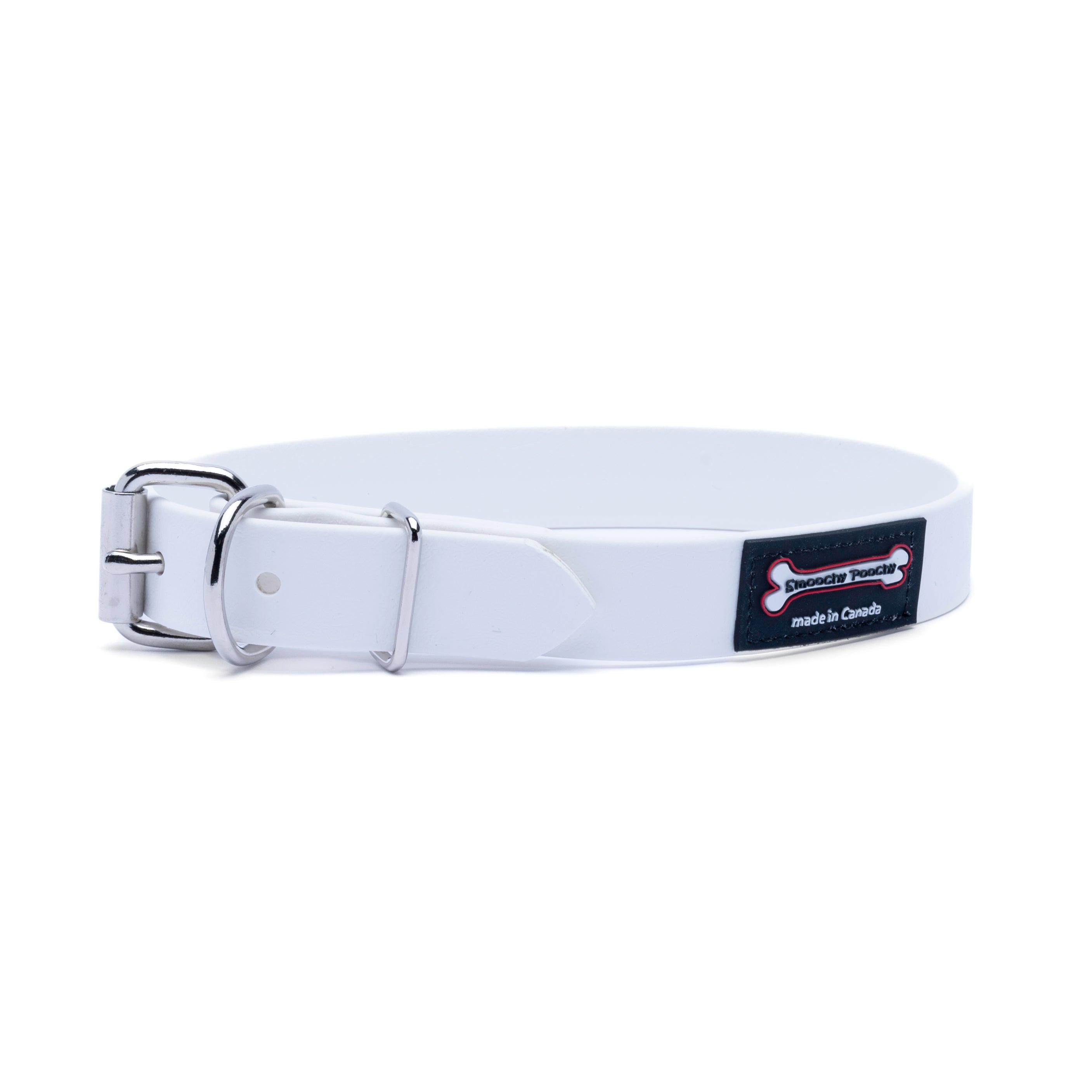 White Polyvinyl dog collar with roller buckle and metal D-ring