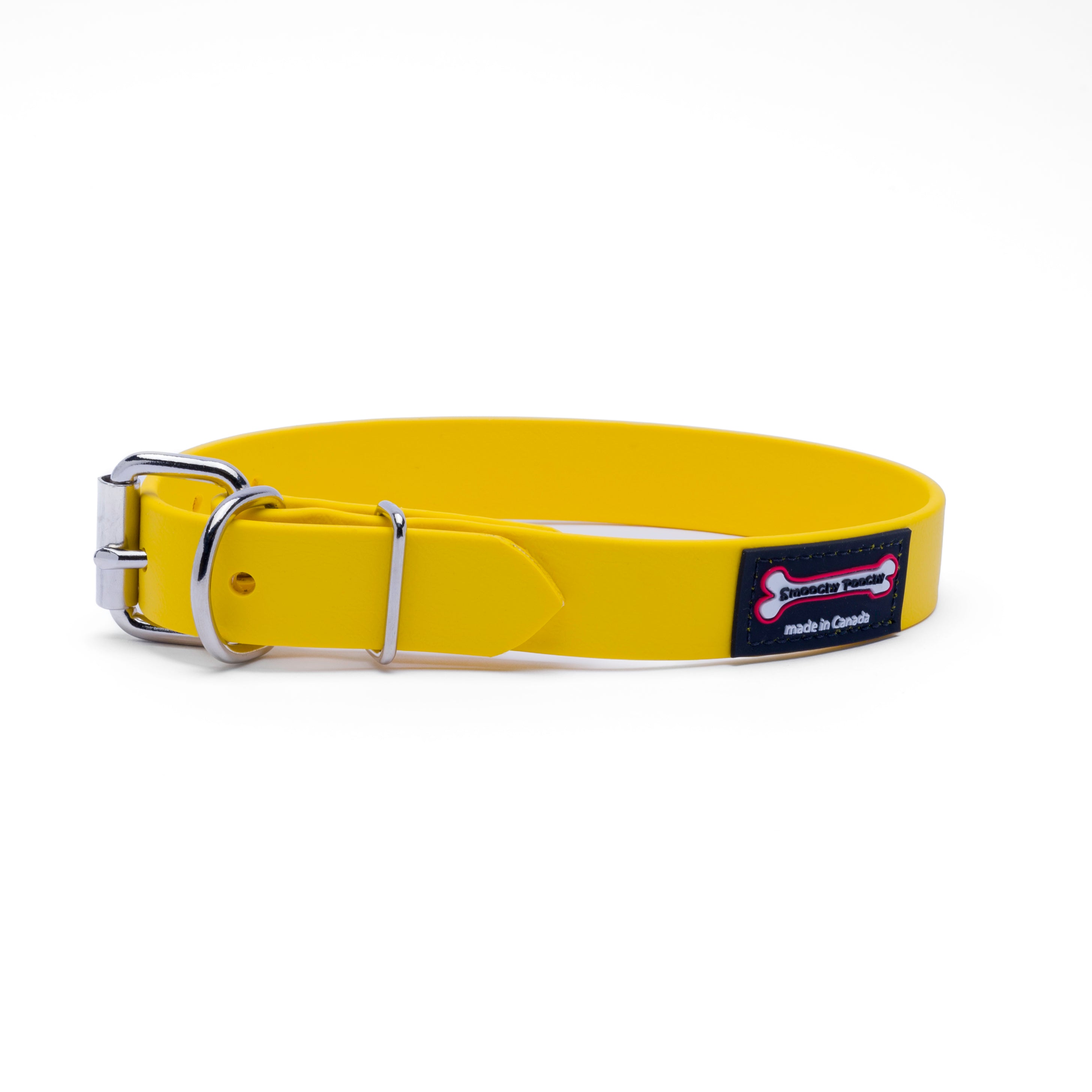 Yellow Polyvinyl dog collar with roller buckle and metal D-ring