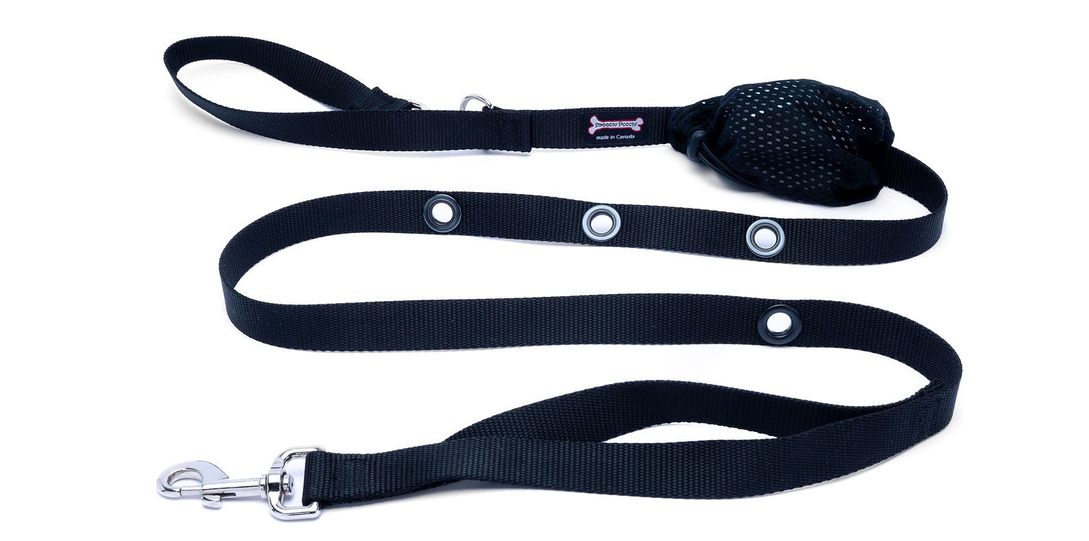 Black Smoochy Poochy Nylon Hands-Free Leash - 6ft, with brass grommets and poop bag holder