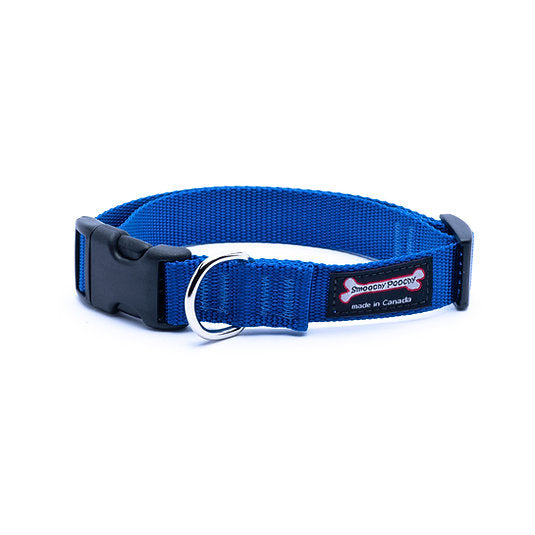 Ocean blue nylon dog collar with side-release buckle and metal D-ring