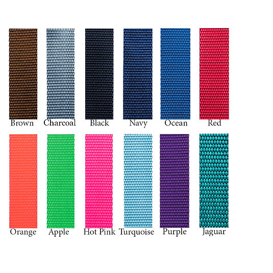 A color options chart showing twelve narrow woven fabric strips in different colors, labeled Brown, Charcoal, Black, Navy, Ocean, Red, Orange, Apple, Hot Pink, Turquoise, Purple, and Jaguar
