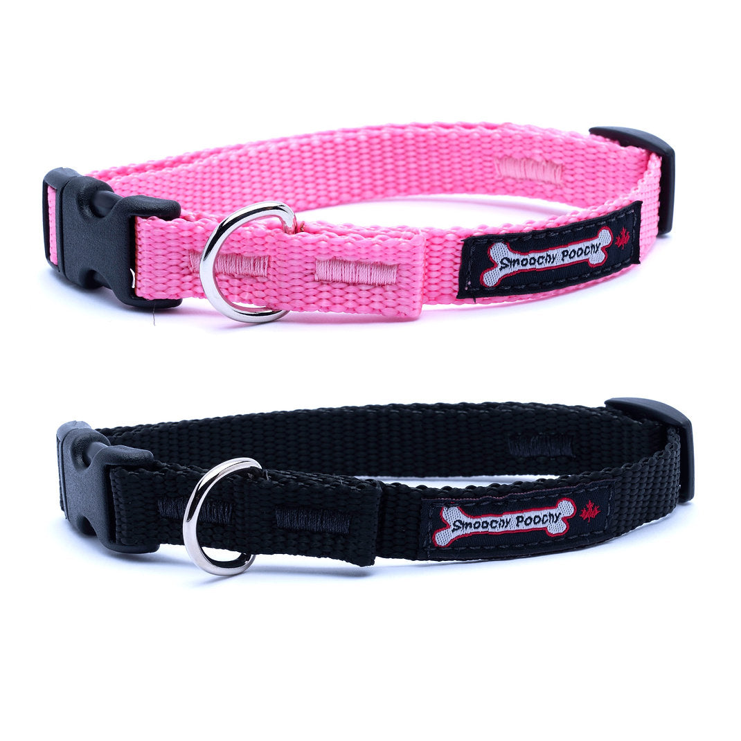 Baby Pink and black nylon dog collars with side-release buckle and metal D-ring