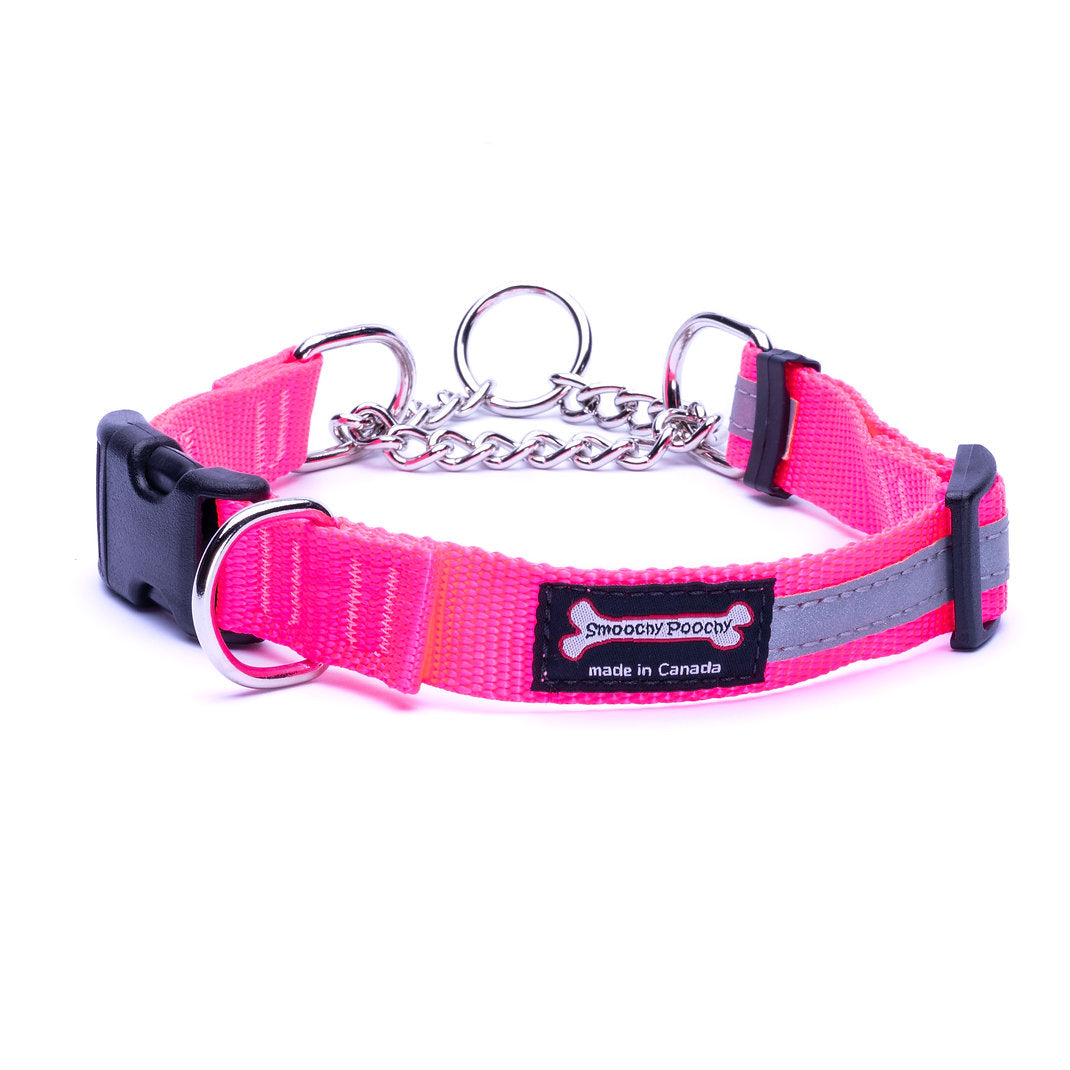 Hot pink nylon martingale dog collar with reflective strip and side-release buckle