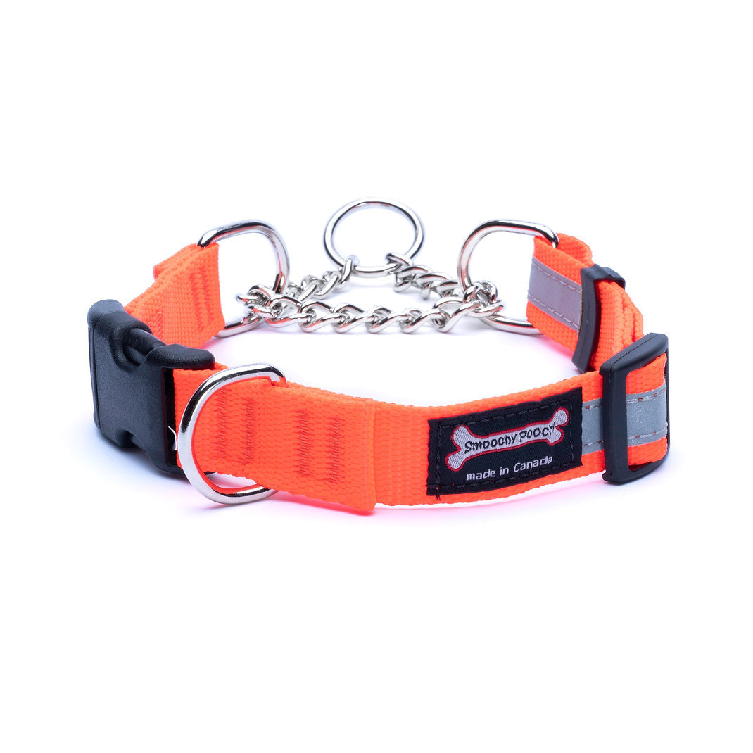 Orange nylon martingale dog collar with reflective strip and side-release buckle
