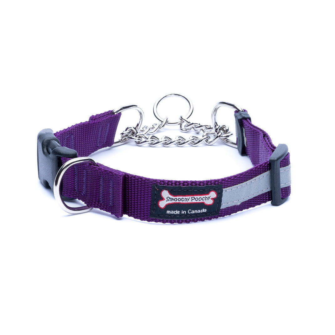 Purple nylon martingale dog collar with reflective strip and side-release buckle