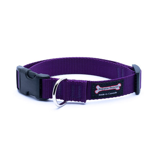 Purple nylon dog collar with side-release buckle and metal D-ring