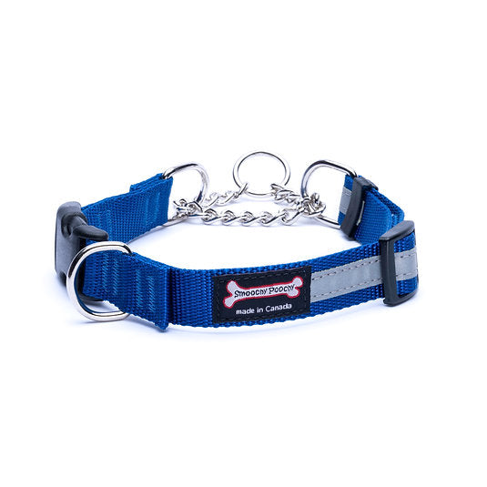 Ocean blue nylon martingale dog collar with reflective strip and side-release buckle