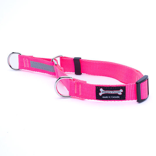 Hot pink nylon martingale dog collar with reflective control loop and metal D-rings