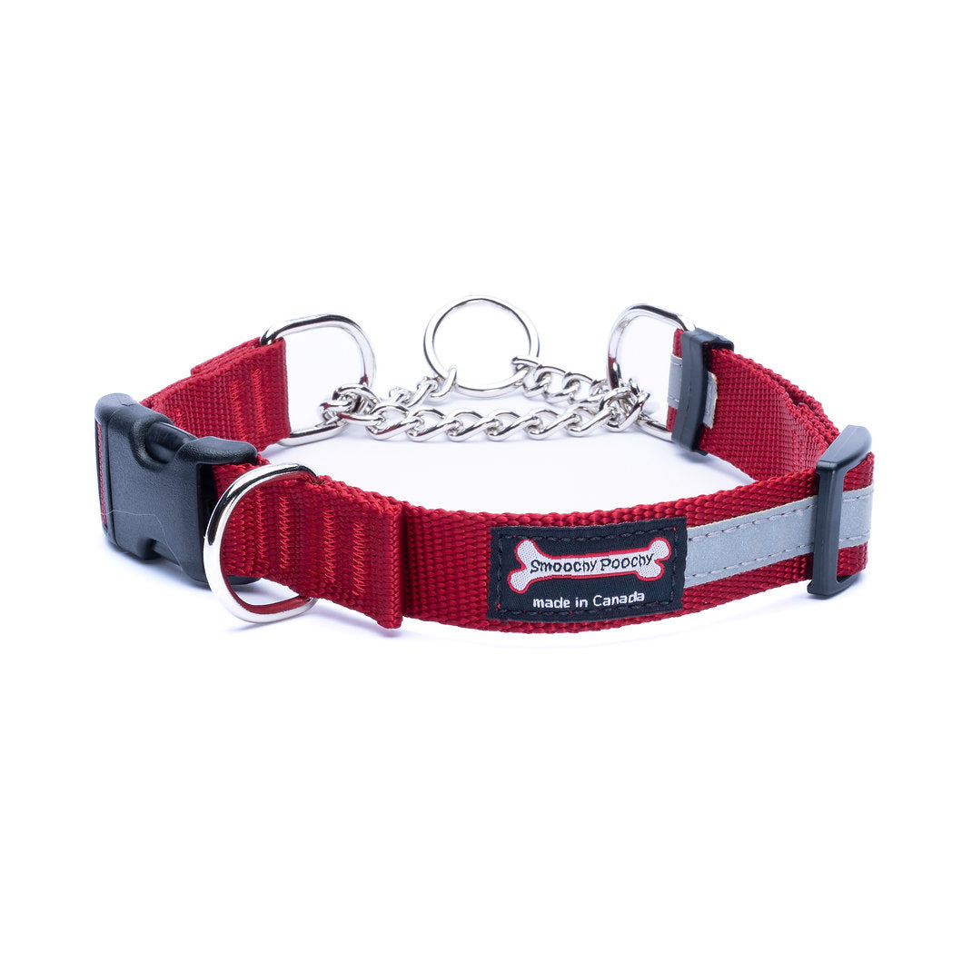 Red nylon martingale dog collar with reflective strip and side-release buckle
