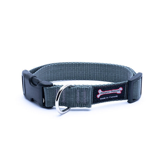 Charcoal nylon dog collar with side-release buckle and metal D-ring
