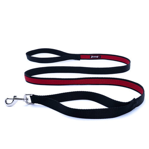 Black and red two-tone nylon dog leash with metal clip and Smoochy Poochy branded tag