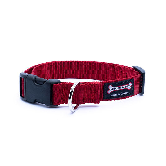 Red nylon dog collar with side-release buckle and metal D-ring