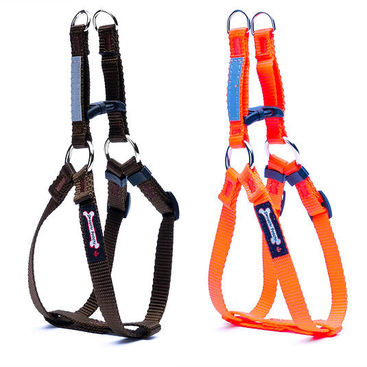 Brown and Orange Smoochy Poochy Step-In Harnesses with metal D-rings