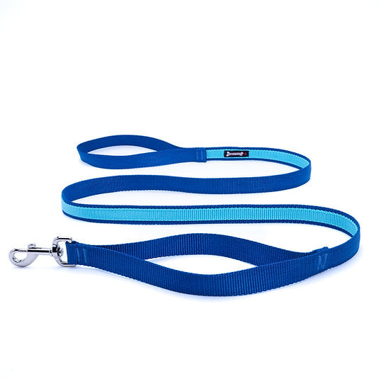 Ocean Blue and Turquoise two-tone nylon dog leash with metal clip and Smoochy Poochy branded tag