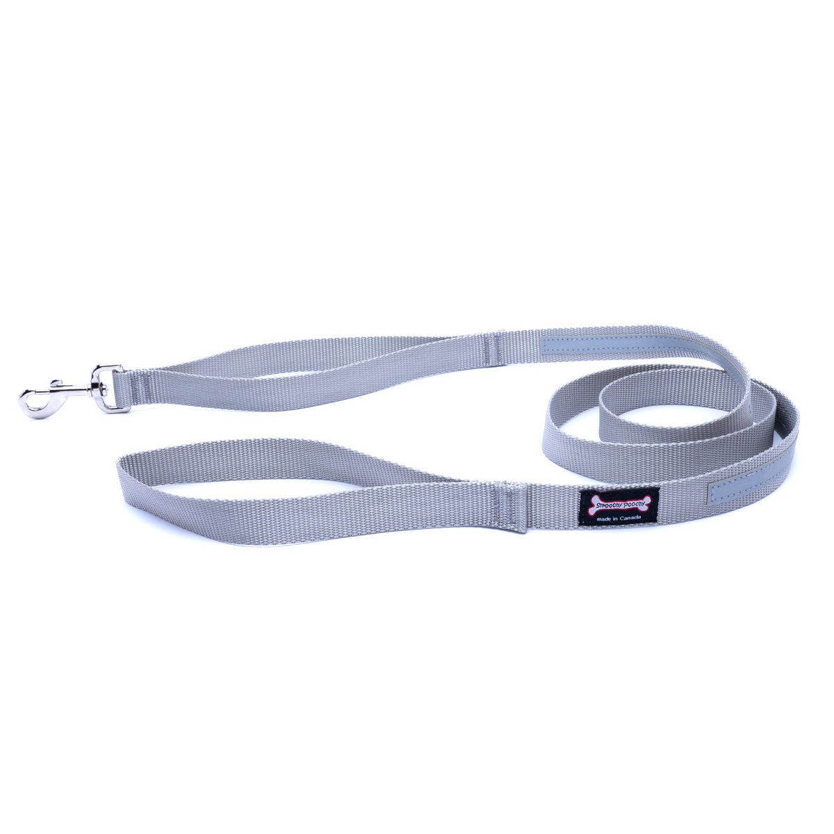 Light gray nylon dog leash coiled on a white background with a reflective safety strip, silver clasp