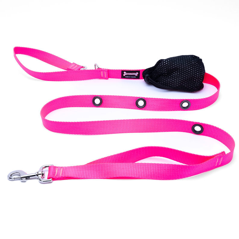 Hot Pink Smoochy Poochy Nylon Hands-Free Leash - 6ft, with brass grommets and poop bag holder