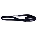 Black nylon dog leash coiled on a white background, featuring a silver metal clasp