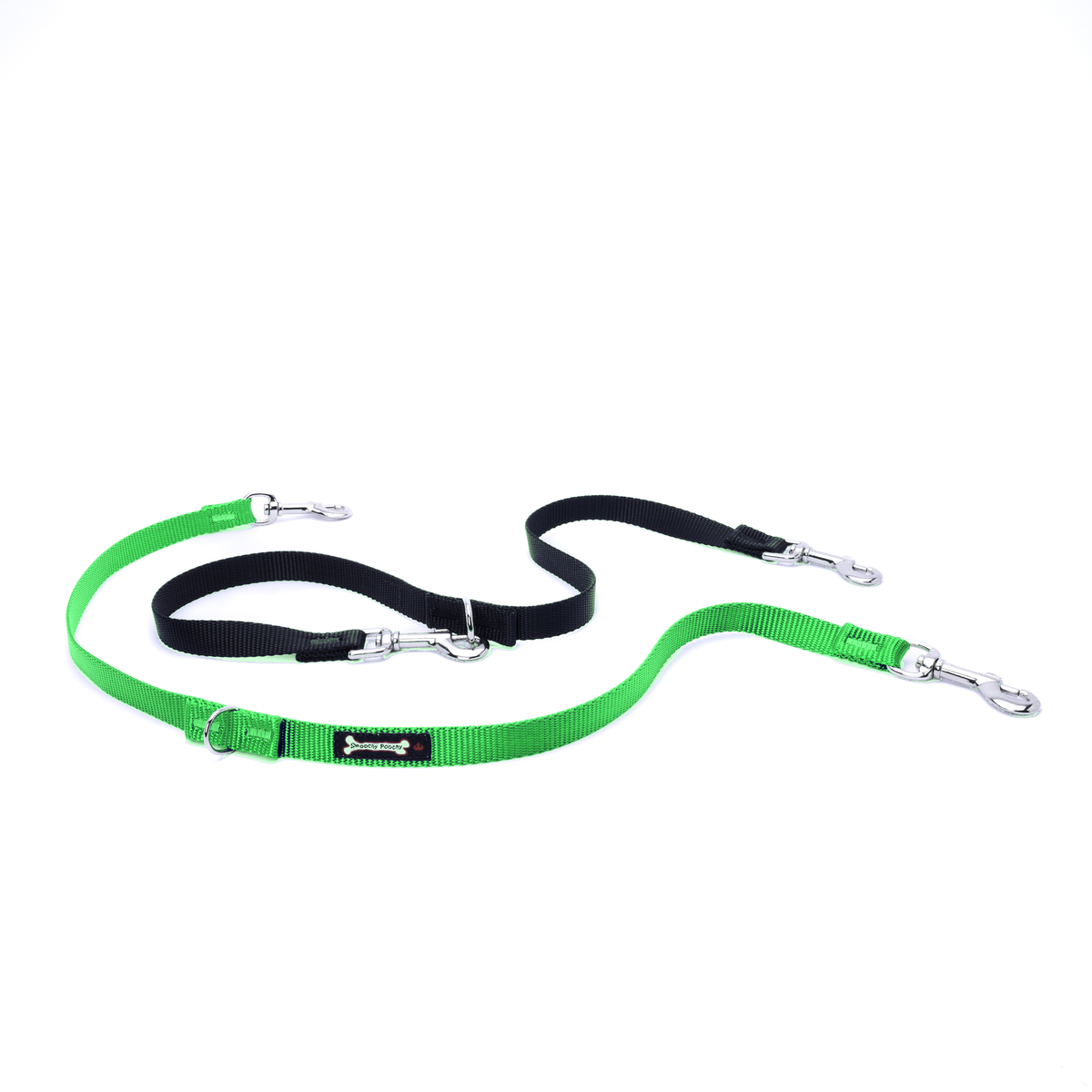Apple green and black multi-function dog leash on a white background, with silver clasps and D-rings at each adjustable point, plus a 'Smoochy Poochy' fabric tag on the teal strap.