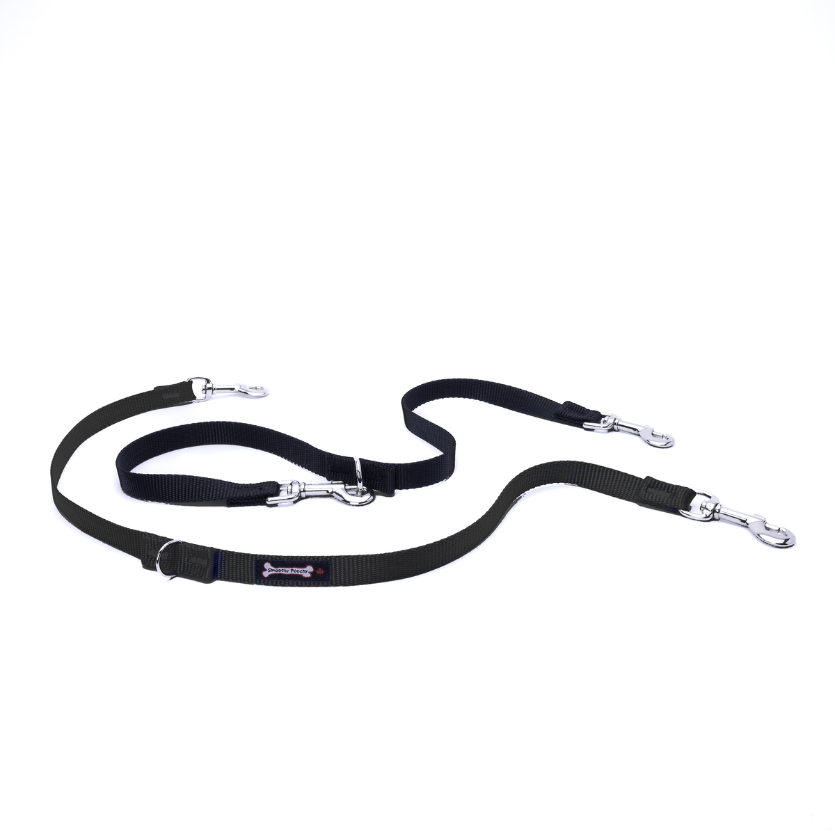 Black and black multi-function dog leash on a white background, with silver clasps and D-rings at each adjustable point, plus a 'Smoochy Poochy' fabric tag on the teal strap.