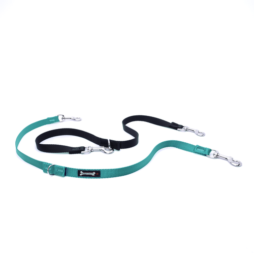 Teal and black multi-function dog leash on a white background, with silver clasps and D-rings at each adjustable point, plus a 'Smoochy Poochy' fabric tag on the teal strap.