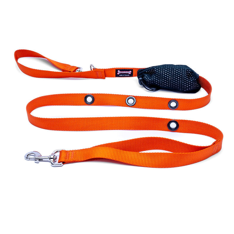 Orange Smoochy Poochy Nylon Hands-Free Leash - 6ft, with brass grommets and poop bag holder