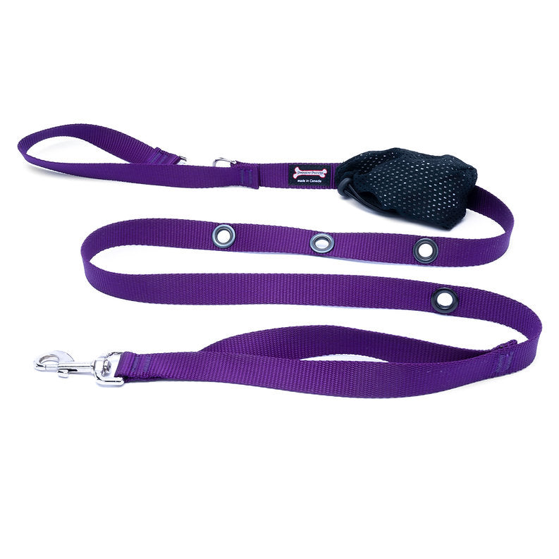 Purple Smoochy Poochy Nylon Hands-Free Leash - 6ft, with brass grommets and poop bag holder