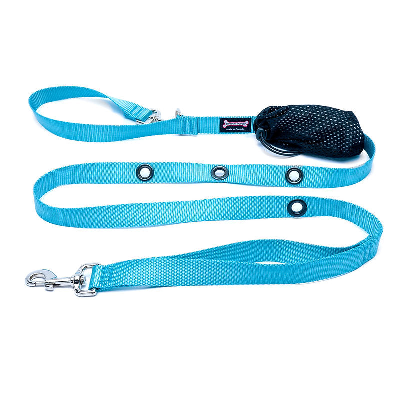 Turquoise Smoochy Poochy Nylon Hands-Free Leash - 6ft, with brass grommets and poop bag holder